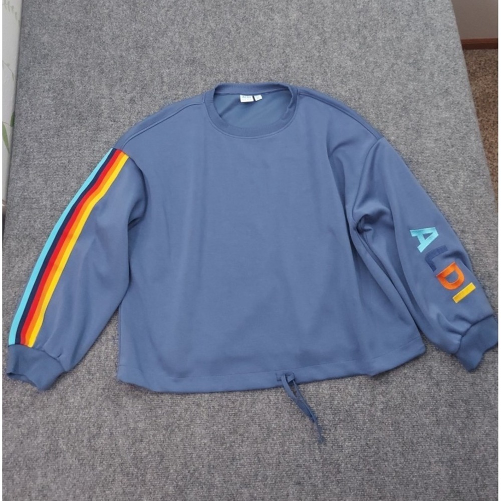 Aldi Gear Sweatshirt Womens XL Blue Rainbow Stripes Embroidered Drawstring Waist